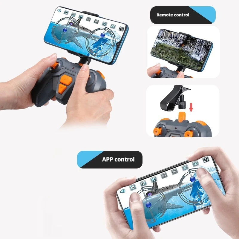 Requin télécommandé avec caméra — modèle rechargeable