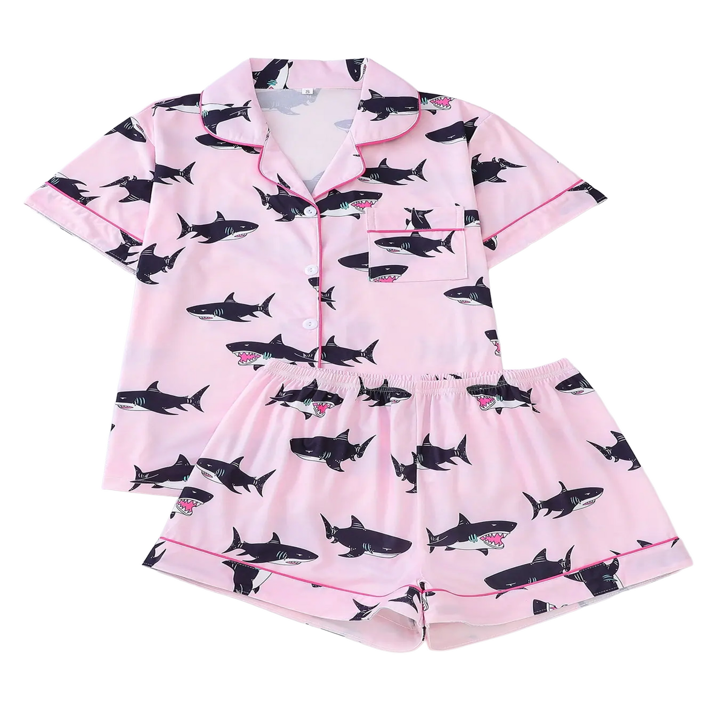 pyjama requin rose avec logo de requin en noir