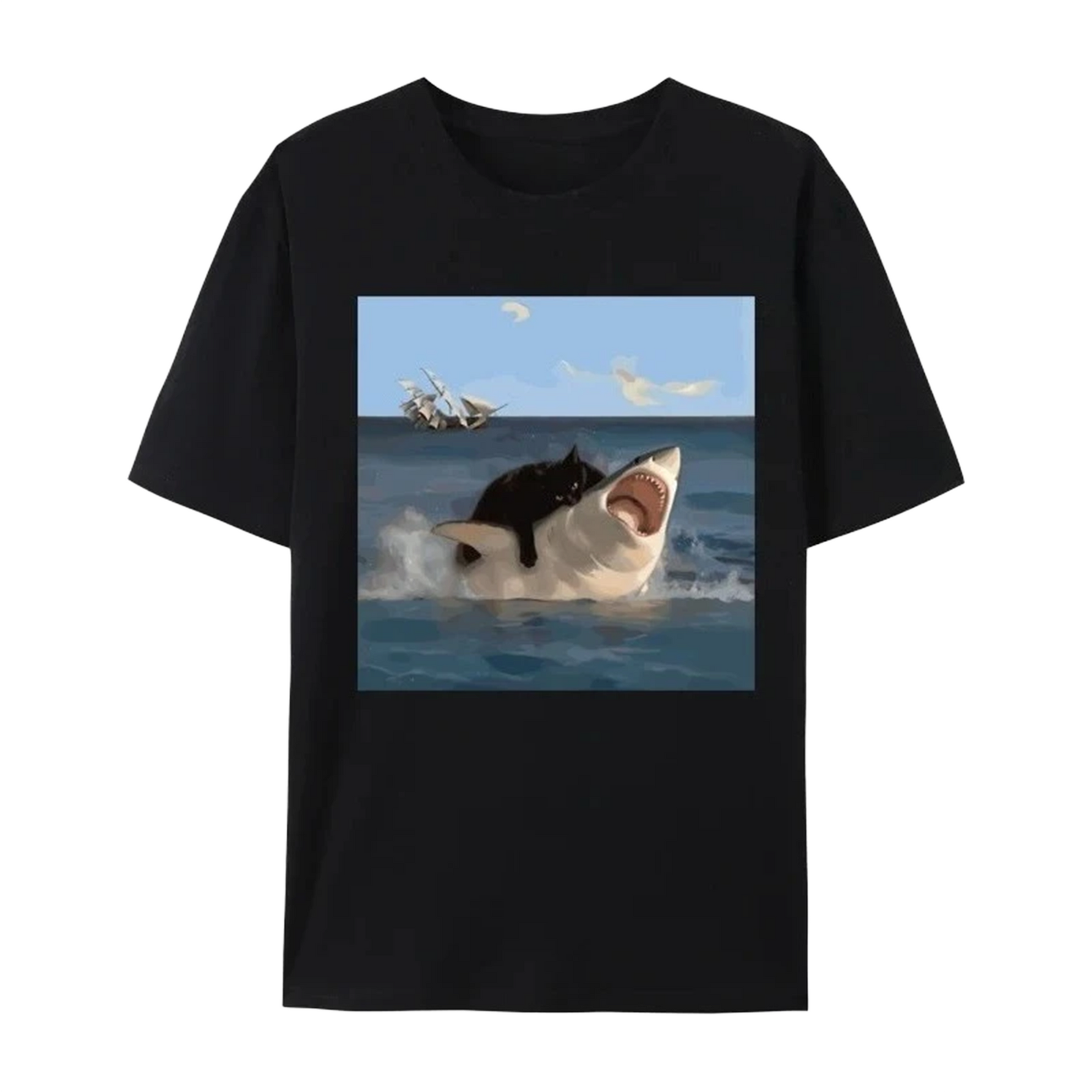t shirt chat requin noir