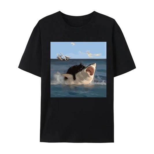 t shirt chat requin noir